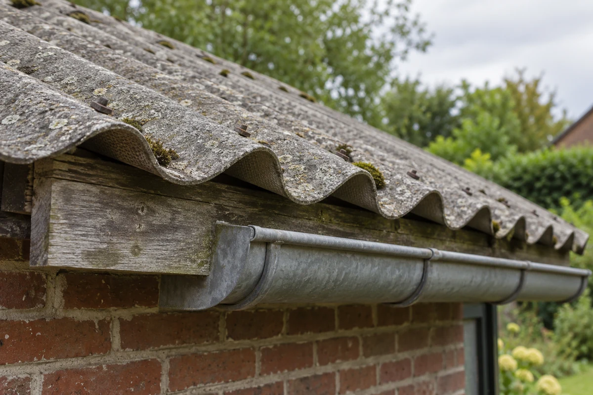 Detail van verweerde, asbestverdachte golfplaten boven de dakgoot van een bakstenen bijgebouw.