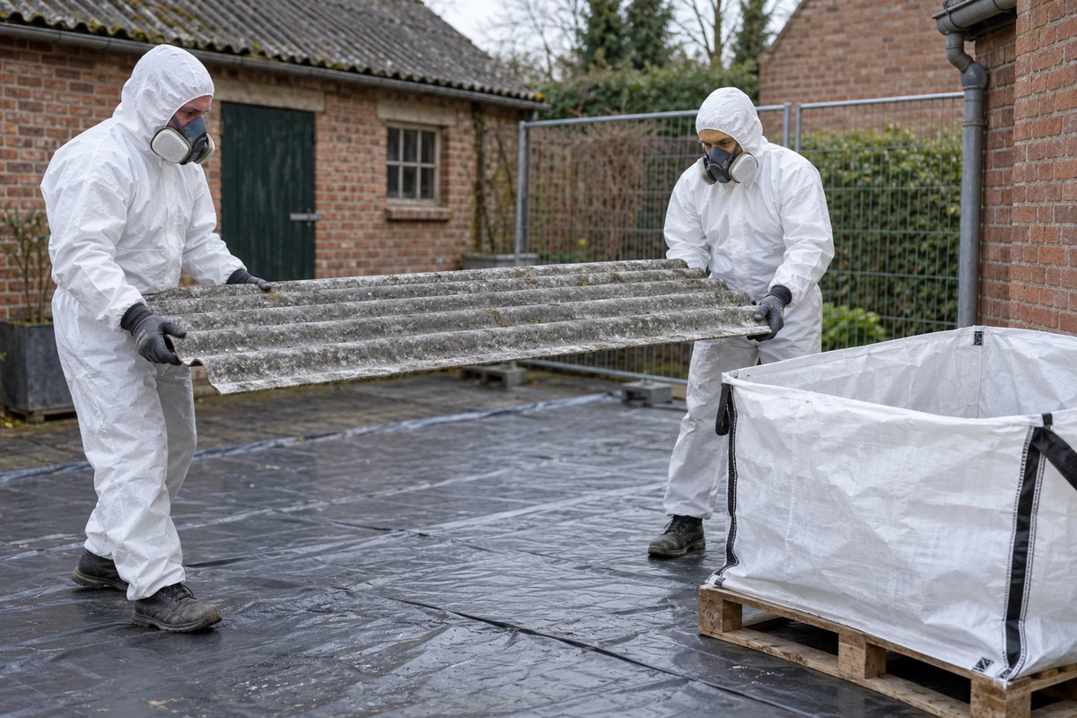 Twee asbestverwijderaars in beschermende kleding dragen een intacte golfplaat naar een platenzak.