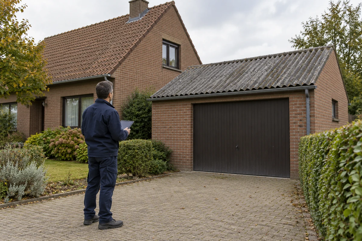 Asbestdeskundige bekijkt met een tablet het oude golfplatendak van een garage bij een bakstenen woning.